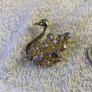 Gold Tone Swan Brooch with Crystals